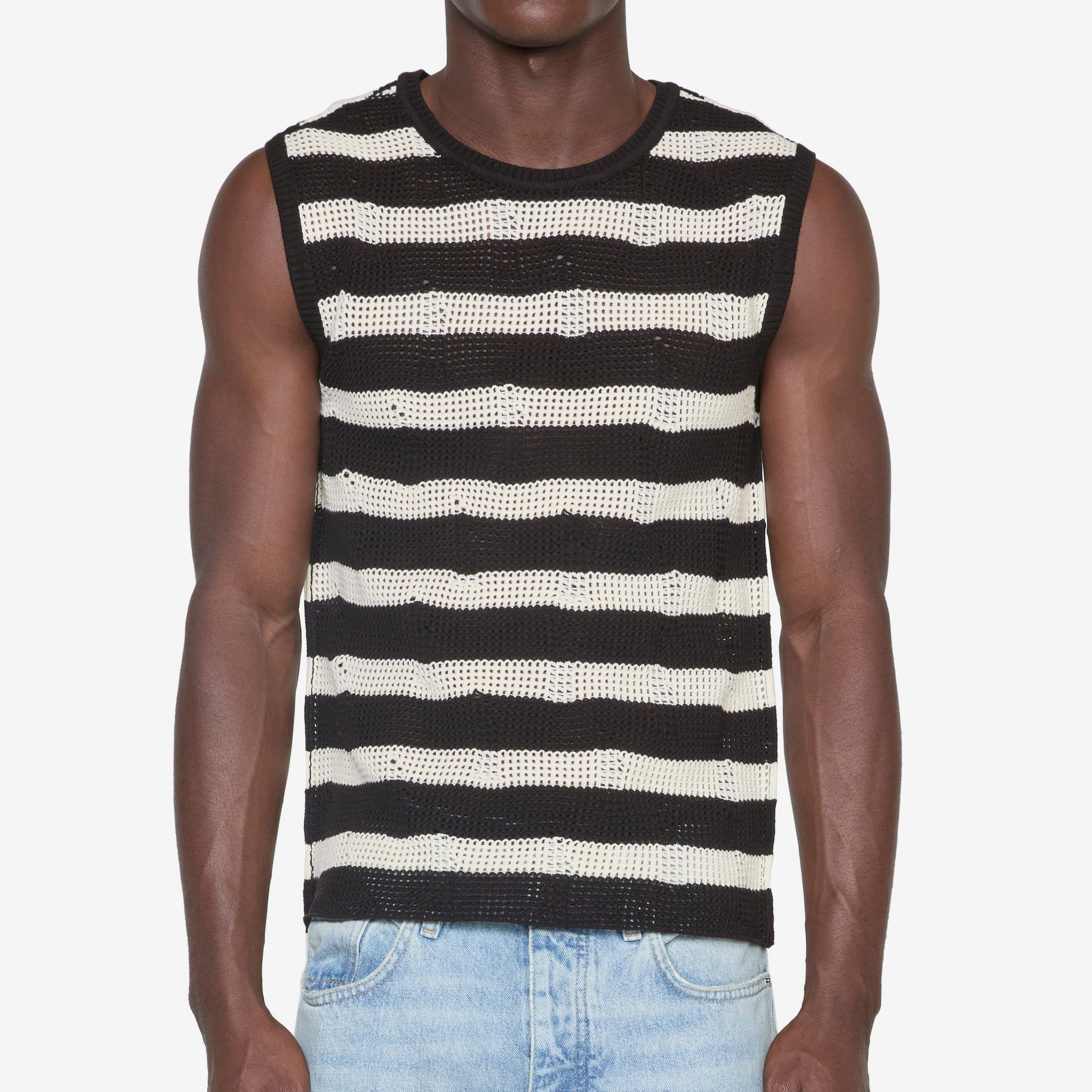 Net Damaged Sleeveless Sweater Black | Ecru