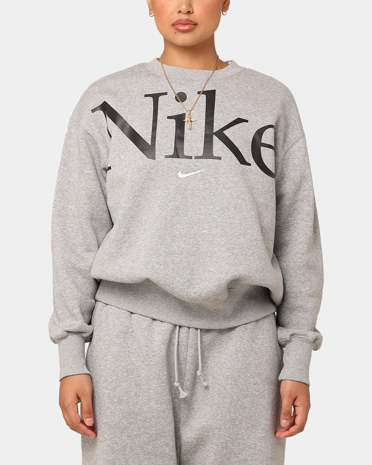 Nike Women's Sportswear Phoenix Fleece Oversized Logo Crewneck Dark Grey Heather